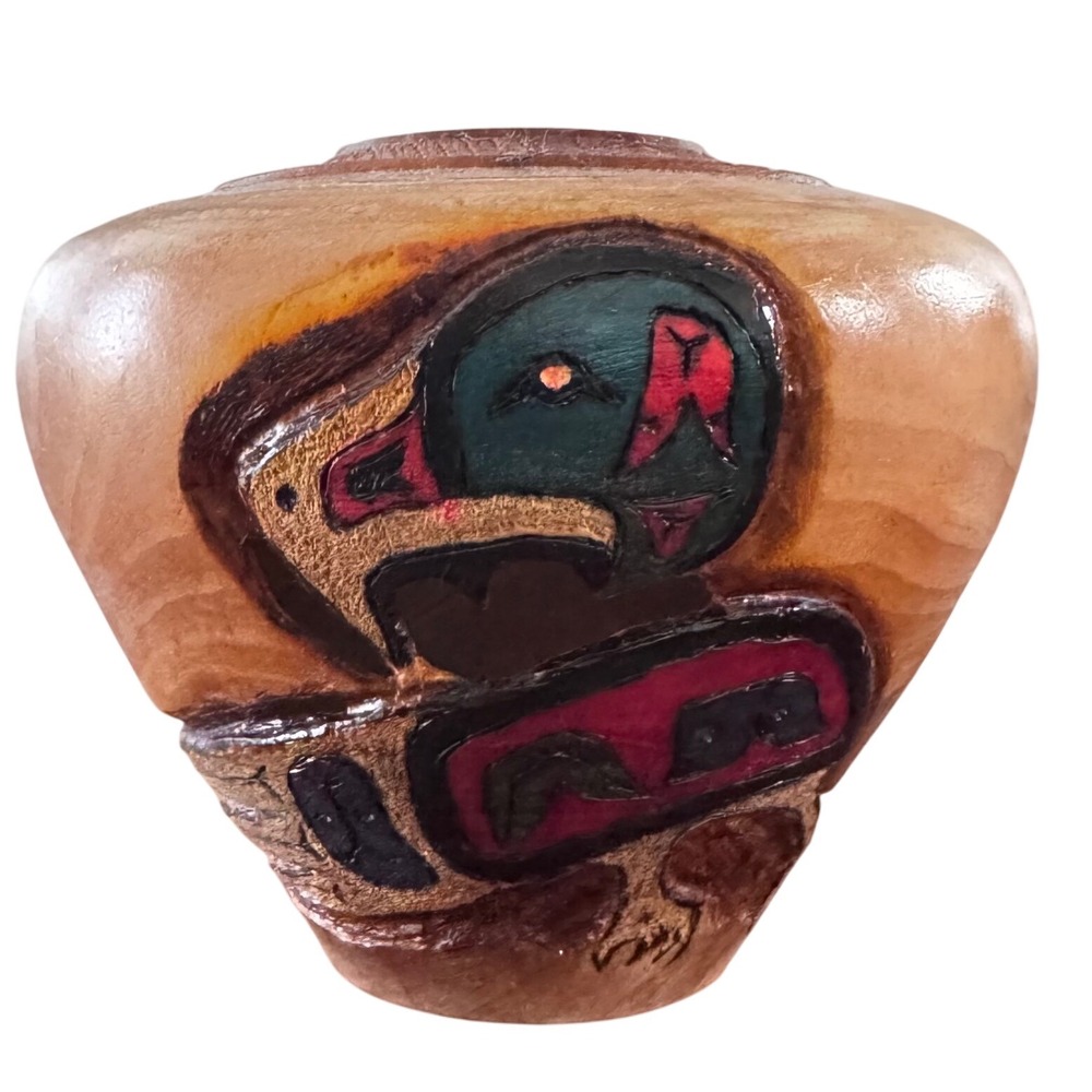 Hand Carved Duck Wood Vase Pacific Northwest Native American Art Signed Campbell